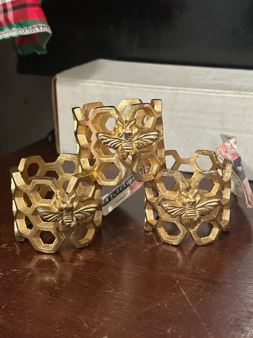 Golden Honeycomb with Bee Embellishment Napkin Rings set of 3